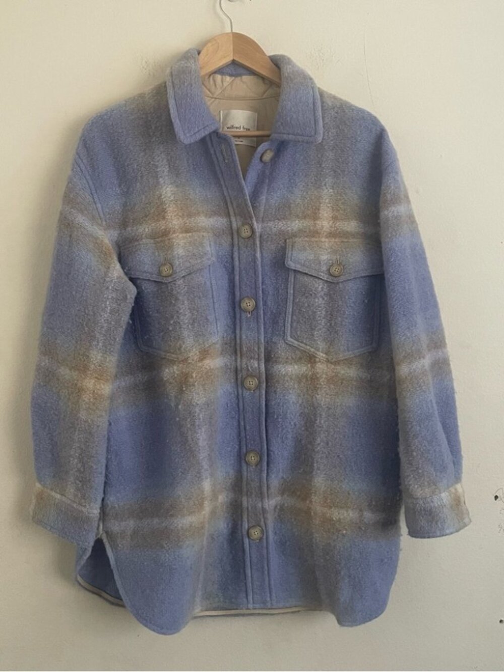 Wilfred Aritzia Free Ganna Shirt Plaid Jacket Wool Blend Blue Beige Size M Fall